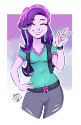 Size: 2992x4576 | Tagged: safe, artist:ponut_joe, edit, starlight glimmer, equestria girls, g4, beanie, belt, breasts, clothes, cute, denim, eye clipping through hair, eyes closed, female, glimmerbetes, hand on hip, happy, hat, image, jeans, pants, peace sign, png, ripped jeans, ripped pants, shirt, simple background, smiling, solo, teenager, torn clothes, vest