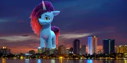 Size: 2800x1400 | Tagged: safe, artist:theotterpony, derpibooru import, edit, pony, unicorn, g5, my little pony: make your mark, city, cityscape, female, giant ponies in real life, giant pony, giantess, highrise ponies, horn, image, irl, jpeg, looking at you, macro, macro/micro, mare, mega giant, micro, misty brightdawn, outdoors, photo, ponies in real life, rebirth misty, solo, story included