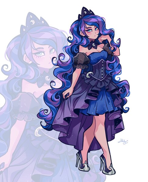 Size: 1662x2048 | Tagged: safe, artist:libbly_libby, derpibooru import, kotobukiya, princess luna, human, g4, 2d, breasts, cleavage, clothes, dress, eyeshadow, female, girdle, high heels, humanized, image, jewelry, jpeg, kotobukiya princess luna, looking at you, makeup, regalia, shoes