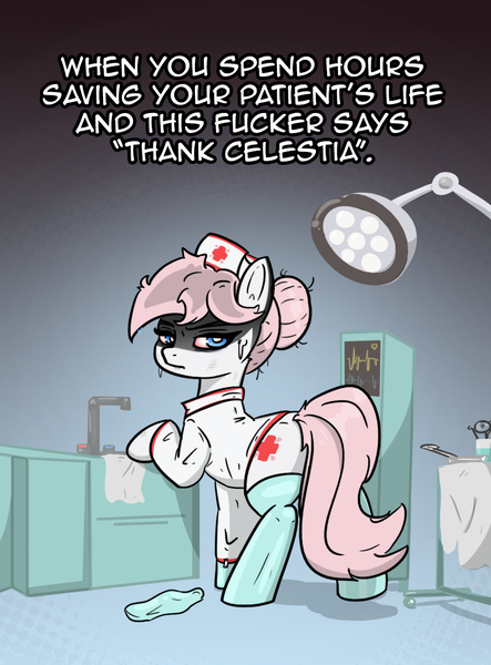 Size: 1000x1354 | Tagged: safe, artist:n-o-n, derpibooru import, nurse redheart, earth pony, pony, g4, angry, clothes, disappointed, disapproval, exhausted, gloves, gradient background, hospital, image, indoors, latex, latex gloves, latex socks, looking at you, medic, meme, nurse, nurse outfit, nurse redheart is not amused, png, socks, solo, sweat, unamused, ungrateful, vulgar