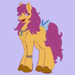 Size: 1913x1913 | Tagged: safe, artist:cupute, derpibooru import, bon bon (g1), pony, g1, my little pony tales, bow, bracelet, chonk, colored hooves, female, full body, hooves, image, jewelry, long mane, long tail, looking at you, looking to the right, mare, necklace, png, purple eyes, purple mane, sideways glance, solo, standing, style emulation, tail, tail bow, tall, wild manes, wild manesified, yellow coat