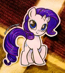 Size: 2644x2932 | Tagged: safe, artist:dariarchangel, derpibooru import, rarity, pony, unicorn, g4, adorable face, blue eyes, blue eyeshadow, c:, chibi, cute, cute face, cute smile, cuteness overload, daaaaaaaaaaaw, eyeshadow, female, hnnng, horn, image, long tail, makeup, mare, photo, png, purple hair, purple mane, purple tail, raised hoof, raribetes, small horn, smiling, smol, solo, standing, standing on three hooves, tail, too cute, traditional art, uwu, weapons-grade cute, white coat