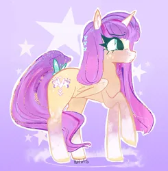 Size: 1304x1333 | Tagged: safe, artist:hotots, derpibooru import, oc, unofficial characters only, alicorn, pony, alicorn oc, female, fusion:fluttershy, fusion:twilight sparkle, fusion:twishy, horn, image, jpeg, mare, raised hoof, signature, solo, starry background, wings