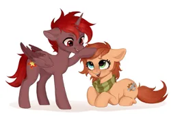 Size: 1473x1051 | Tagged: safe, artist:lattekofeek, derpibooru import, oc, oc:hardy, oc:rusty gears, alicorn, earth pony, pony, clothes, duo, female, full body, heterochromia, image, male, mare, open mouth, pat, png, scarf, stallion, straight