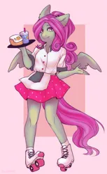 Size: 2026x3302 | Tagged: safe, artist:skull, derpibooru import, oc, oc:elise, unofficial characters only, anthro, pegasus, were-pony, burger, cup, female, food, high res, holding, human to anthro, image, png, post-transformation, roller skates, skates, smiling, solo, spread wings, transformation, tray, waitress, wings