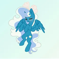 Size: 7000x7000 | Tagged: safe, artist:riofluttershy, derpibooru import, oc, oc:fleurbelle, unofficial characters only, alicorn, pony, alicorn oc, blushing, bow, eyes closed, female, flying, gradient background, hair bow, horn, image, jpeg, mare, pink bow, solo, spread wings, tail, two toned hair, two toned mane, two toned tail, wings