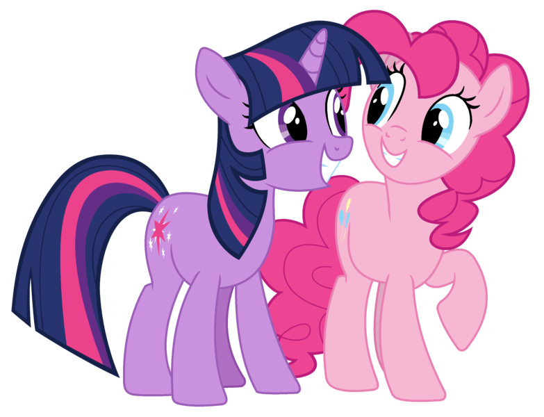 Size: 2635x2018 | Tagged: safe, artist:shieldwingarmorofgod, derpibooru import, pinkie pie, twilight sparkle, earth pony, unicorn, g4, duo, duo female, female, horn, image, png, simple background, smiling, transparent background, unicorn twilight, vector