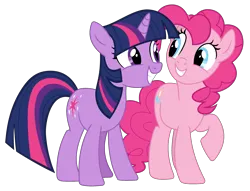 Size: 2635x2018 | Tagged: safe, artist:shieldwingarmorofgod, derpibooru import, pinkie pie, twilight sparkle, earth pony, unicorn, g4, duo, duo female, female, horn, image, png, simple background, smiling, transparent background, unicorn twilight, vector