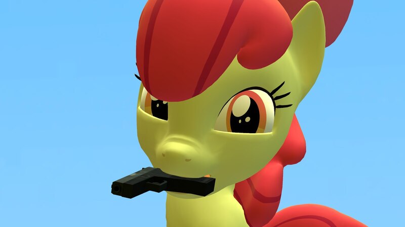 Size: 1920x1080 | Tagged: safe, artist:blitzythepony, derpibooru import, apple bloom, earth pony, pony, g4, 3d, apple bloom's bow, bow, counter-strike, female, filly, foal, glock, gmod, gun, hair bow, handgun, happy, image, jpeg, mouth hold, pistol, solo, weapon