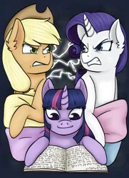 Size: 1729x2388 | Tagged: safe, artist:theedgyduck, derpibooru import, part of a set, applejack, rarity, twilight sparkle, earth pony, pony, unicorn, series:leechlord draws every episode, g4, look before you sleep, angry, applejack's hat, book, cowboy hat, female, glare, hat, horn, image, mare, my little pony, part of a series, pillow, png, reading, unicorn twilight