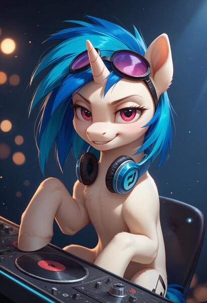 Size: 832x1216 | Tagged: safe, machine learning generated, prompter:humgeogre, vinyl scratch, pony, unicorn, g4, concert, console, dark background, dj booth, dj console, female, glasses on head, grin, headset, horn, image, indoors, jpeg, looking at you, mare, smiling, solo, solo female, stage, stage light, standing, sunglasses, sunglasses on head