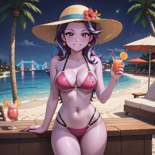 Size: 1536x1536 | Tagged: safe, generator:prefect pony v5 xl, machine learning generated, prompter:funnyglow144, stable diffusion, neon lights, rising star, starlight glimmer, human, equestria girls, g4, 1984, 80s, automatically imported, beach, beach hat, big breasts, bikini, breasts, cleavage, clothes, cocktail, cute, female, hat, image, looking at you, miami, miami beach, night, o-ring bikini, outdoors, palm tree, panties, png, smiling, solo, solo female, standing, swimsuit, thong, tree, underwear