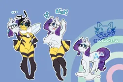 Size: 1252x838 | Tagged: safe, alternate version, artist:doelightful, derpibooru import, rarity, anthro, bee, insect, pony, unicorn, g4, bondage, commission, encasement, furry, furry to pony, grin, horn, image, latex, mask, png, smiling, transformation, transformation sequence, ych result