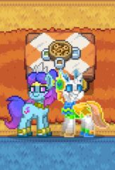 Size: 162x239 | Tagged: safe, derpibooru import, oc, oc:morphonia, changeling, earth pony, pony, pony town, g5, my little pony: tell your tale, changeling oc, cliffhanger, future, image, jpeg, odessa evensong, party, pixel game, time travel