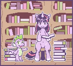 Size: 480x432 | Tagged: safe, artist:9w8dh, derpibooru import, spike, twilight sparkle, dragon, pony, unicorn, g4, belly, belly button, bipedal, book, bookshelf, digital art, duo, duo male and female, female, golden oaks library, holding, horn, image, indoors, library, looking at you, male, mare, outline, picture for breezies, pixel art, png, stool, tail, unicorn twilight, wingless spike