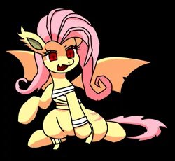 Size: 757x697 | Tagged: safe, artist:9w8dh, derpibooru import, fluttershy, bat pony, pony, g4, bandage, bat ponified, black background, female, flutterbat, image, mare, open mouth, png, race swap, simple background, sitting, solo, spread wings, wings