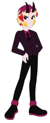 Size: 706x1730 | Tagged: safe, artist:robertsonskywa1, derpibooru import, oc, oc:starbreaker firewalker, unofficial characters only, demon, human, equestria girls, g4, business suit, casual, clothes, hand on hip, hazbin hotel, horns, image, male, new outfit, photo, png, simple background, solo, solo male, transparent background, vitiligo