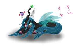 Size: 768x487 | Tagged: safe, artist:neowemu, derpibooru import, queen chrysalis, twilight sparkle, twilight sparkle (alicorn), alicorn, changeling, changeling queen, pony, g4, annoyed, blushing, dialogue, dirty hooves, dunce hat, female, hat, image, lesbian, lying down, mare, png, prone, ship:twisalis, shipping, thinking