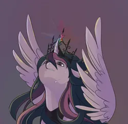 Size: 1704x1660 | Tagged: safe, artist:couka-jeiko, derpibooru import, twilight sparkle, twilight sparkle (alicorn), alicorn, pony, g4, bust, crown, crying, curved horn, female, horn, image, immortality blues, jewelry, looking up, mare, png, regalia, simple background, solo, spread wings, wings