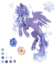 Size: 1767x2000 | Tagged: safe, artist:couka-jeiko, derpibooru import, oc, unofficial characters only, alicorn, butterfly, insect, pony, adoptable, crown, female, flying, fusion, fusion:fluttershy, fusion:princess luna, fusion:s1 luna, image, jewelry, mare, png, regalia, solo, watermark