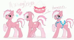 Size: 4096x2215 | Tagged: safe, artist:mylittlewarhorse, derpibooru import, oc, oc:morning delight, unofficial characters only, earth pony, pony, femboy, grin, high res, image, jpeg, male, reference sheet, saddle, simple background, smiling, solo, stallion, tack, white background