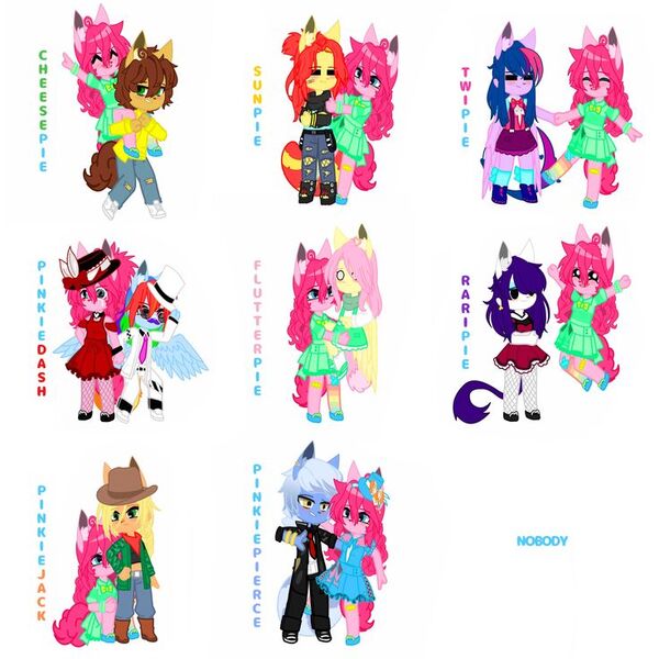 Size: 736x736 | Tagged: safe, artist:crazy, derpibooru import, applejack, cheese sandwich, fluttershy, pinkie pie, pokey pierce, rainbow dash, rarity, sunset shimmer, twilight sparkle, anthro, earth pony, pegasus, plantigrade anthro, pony, g4, bisexual, cheesepie, clothes, denim, dress, earth pony pokey pierce, earth pony rarity, female, gacha club, gacha life, hat, image, jeans, jpeg, lesbian, male, missing horn, overalls, pants, pegasus twilight sparkle, pinkie pie gets all the mares, pinkiedash, race swap, scarf, ship:applepie, ship:flutterpie, ship:pokeypie, ship:raripie, ship:sunsetpie, shipping, shoes, sneakers, straight, top hat, tuxedo, twinkie