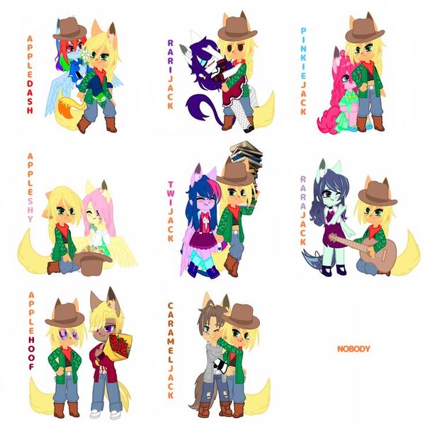 Size: 736x736 | Tagged: safe, artist:crazy, derpibooru import, applejack, caramel, coloratura, fluttershy, pinkie pie, rainbow dash, rarity, trenderhoof, twilight sparkle, anthro, earth pony, pegasus, plantigrade anthro, g4, appledash, applejack gets all the mares, bisexual, clothes, cowboy hat, denim, earth pony rarity, earth pony trenderhoof, female, flower, gacha, gacha club, gacha life, hat, image, jeans, jpeg, lesbian, male, mane six, overalls, pants, pegasus twilight sparkle, race swap, rarijack, ship:applepie, ship:appleshy, ship:carajack, ship:rarajack, ship:trenderjack, ship:twijack, shipping, shirt, straight