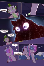 Size: 960x1440 | Tagged: safe, artist:cold-blooded-twilight, derpibooru import, edit, spike, twilight sparkle, dragon, pony, unicorn, cold blooded twilight, comic:cold storm (ru), g4, alternate design, bed, comic, crying, cyrillic, dialogue, female, glow, glowing eyes, hair over eyes, horn, image, mare, open mouth, pillow, png, russian, silhouette, speech bubble, sweat, translation, translator:agent00k0t, twilight's bedroom, unicorn twilight