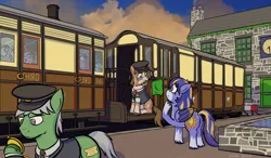 Size: 3498x2048 | Tagged: safe, artist:turbojuk, derpibooru import, derpy hooves, oc, earth pony, pegasus, pony, g4, butt, evening, female, image, locomotive, male, mare, mouth hold, narrow gauge, plot, png, railroad, stallion, train, trottingham vale light railway