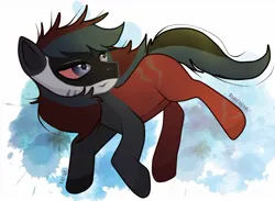 Size: 1206x885 | Tagged: safe, artist:babka, derpibooru import, oc, oc:sanitarian, earth pony, g4, black fur, image, jpeg, mlp style, red eyes, red fur, scar, two toned mane