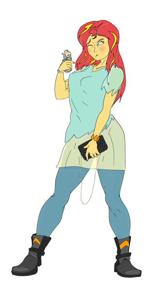 Size: 1982x3517 | Tagged: safe, artist:ponny, derpibooru import, sunset shimmer, human, equestria girls, g4, bag, burrito, clothes, colored, eating, female, food, handbag, image, one eye closed, one eye open, png, solo