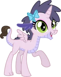 Size: 1358x1718 | Tagged: safe, artist:starryoak, derpibooru import, oc, oc:miracle, unofficial characters only, dracony, hybrid, pony, base used, bow, female, filly, foal, hair bow, image, interspecies offspring, offspring, open mouth, open smile, parent:rarity, parent:spike, parents:sparity, pegasus wings, png, raised hoof, simple background, smiling, solo, transparent background, wings