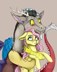 Size: 1100x1400 | Tagged: safe, artist:ulart, derpibooru import, discord, fluttershy, draconequus, pegasus, pony, g4, discoshy, female, frown, holding a pony, hug, image, looking at each other, looking at someone, male, mare, png, shipping, simple background, straight