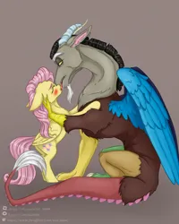 Size: 1280x1600 | Tagged: safe, artist:ulart, derpibooru import, discord, fluttershy, draconequus, pegasus, pony, g4, blushing, discoshy, duo, eyes closed, female, image, kiss on the lips, kissing, leaning, making out, male, mare, png, shipping, sitting, straight