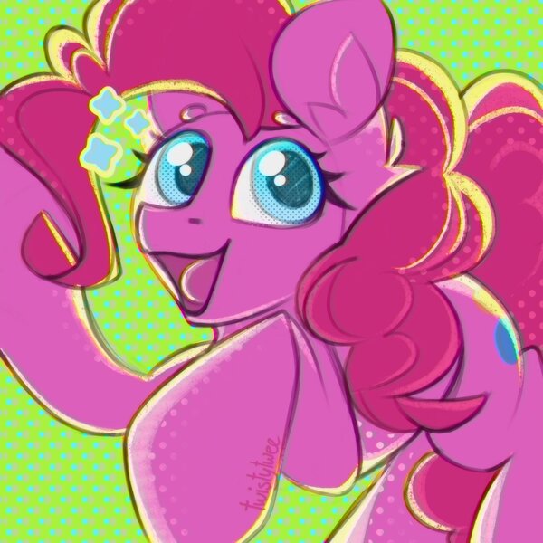 Size: 1500x1500 | Tagged: safe, artist:twistytwee, derpibooru import, pinkie pie, earth pony, pony, g4, commission open, curly hair, curly mane, curly tail, happy, icon, image, jpeg, jumping, looking up, smiling, solo, stars, tail