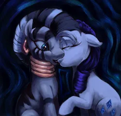 Size: 1024x976 | Tagged: safe, artist:misstwipietwins, derpibooru import, rarity, zecora, pony, unicorn, zebra, abstract background, commission, duo, ear piercing, earring, female, horn, image, jewelry, jpeg, kiss on the lips, kissing, lesbian, mare, piercing, raricora, shipping