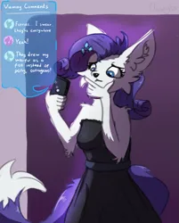 Size: 1113x1383 | Tagged: safe, artist:nighty, derpibooru import, rarity, anthro, fox, g4, avatar, big ears, black dress, chat, chatting, cheek fluff, clothes, colored pupils, comments, cutie mark hair accessory, dialogue box, dress, ear fluff, elbow fluff, female, fluffy, foxified, furrified, furry, hairpin, hand, hand on chin, holding phone, holding something, image, indoors, off the shoulder, phone, png, shoulder fluff, signature, simple background, solo, species swap, standing, strapless dress, tail, text, text message, thinking, vixen