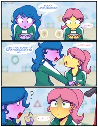 Size: 3006x3914 | Tagged: safe, artist:eltrash_art6, derpibooru import, izzy moonbow, posey (g5), equestria girls, g4, g5, ..., clothes, comic, commission, confused, cookie, crossover, crying, dalgona, duo, duo female, equestria girls-ified, eyes closed, female, food, gun, handgun, image, imminent death, jacket, nervous, oblivious, open mouth, pink guard (squid game), png, ponytail, posey can't catch a break, question mark, scared, squid game, tears of fear, this will end in death, weapon