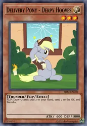 Size: 813x1185 | Tagged: safe, artist:badumsquish, derpibooru import, derpy hooves, pony, g4, :p, belly, card, card game, ccg, circling stars, crack, crash, derpibooru exclusive, dizzy, effect monster card, embarrassed, envelope, equestria's best mailmare, female, fire, hat, hoof on head, house, i just don't know what went wrong, image, looking at you, mailmare, mailmare hat, mailmare uniform, mare, monster card, one eye closed, oops, png, show accurate, sitting, solo, stunned, tongue out, trading card, window, wink, yu-gi-oh!, yugioh card