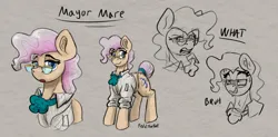 Size: 3289x1618 | Tagged: safe, artist:reddthebat, derpibooru import, mayor mare, earth pony, pony, g4, bust, horn, image, jpeg, lidded eyes, looking at you, name, nervous sweat, smiling, solo, sweat