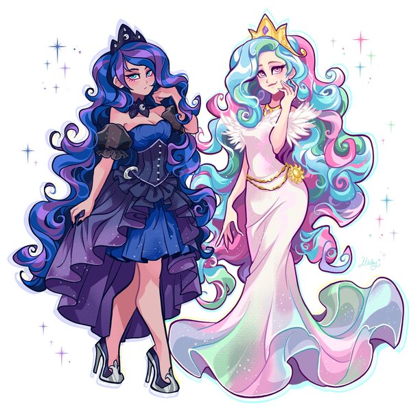 Size: 2048x2007 | Tagged: safe, artist:libbly_libby, derpibooru import, kotobukiya, princess celestia, princess luna, human, g4, 2d, duo, duo female, female, height difference, humanized, image, jewelry, jpeg, kotobukiya princess celestia, kotobukiya princess luna, looking at you, regalia, siblings, sisters