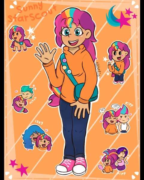 Size: 701x875 | Tagged: safe, alternate version, artist:naye_livelife, derpibooru import, hitch trailblazer, izzy moonbow, pipp petals, sunny starscout, zipp storm, earth pony, human, pony, g5, abstract background, alternate hairstyle, blouse, blush sticker, blushing, chibi, circlet, clothes, colored eyebrows, cute, cutie mark, cutie mark pin, dot eyes, eyebrows visible through hair, eyes closed, female, fluttershy's cutie mark, friends, hair tie, hand mirror, hands in pockets, happy, heart, hoodie, humanized, image, jpeg, light skin, male, mane five, mane stripe sunny, mare, moderate dark skin, name, open smile, pants, pink shoes, ponytail, rainbow dash's cutie mark, shoes, signature, skirt, smiling, sparkles, speech bubble, standing, stars, sunny's bag, tanktop, twilight sparkle's cutie mark, unshorn fetlocks, waving