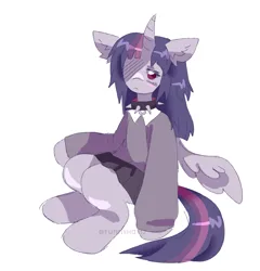 Size: 1963x2048 | Tagged: safe, artist:funnyhat12, derpibooru import, twilight sparkle, twilight sparkle (alicorn), alicorn, anthro, pony, unguligrade anthro, g4, :<, arm hooves, bangs, black skirt, blush scribble, blushing, closed mouth, clothes, collar, ear fluff, feathered wings, female, frown, full body, horn, image, legs together, long sleeves, looking at you, mare, miniskirt, multicolored hair, multicolored tail, one eye covered, pleated skirt, png, purple eyes, signature, simple background, sitting, skirt, solo, spiked collar, sweater, tail, white background, wings