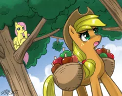 Size: 1020x805 | Tagged: editor needed, safe, artist:johnjoseco, derpibooru import, edit, applejack, fluttershy, earth pony, pegasus, g4, apple, applejack's hat, basket, cowboy hat, food, hat, image, jpeg, signature, tree