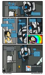 Size: 650x1092 | Tagged: safe, artist:katie tiedrich, derpibooru import, edit, rainbow dash, human, g4, awkward zombie, chell, comic, crossover, image, jpeg, portal (valve), portal 2, wheatley