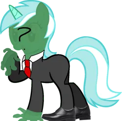 Size: 897x891 | Tagged: safe, anonymous artist, derpibooru import, lyra heartstrings, oc, oc:anon, pony, unicorn, g4, clothes, cosplay, costume, gloves, horn, image, mask, necktie, png, question mark, shoes, solo, suit, transparent