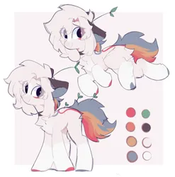 Size: 1972x2000 | Tagged: safe, artist:little-sketches, ponerpics import, oc, oc:rumi, unofficial characters only, earth pony, pony, blaze (coat marking), butt fluff, cheek fluff, chest fluff, choker, color palette, colored hooves, ear fluff, earth pony oc, eye clipping through hair, eyebrows visible through hair, facial markings, female, floppy ears, image, jpeg, leg fluff, mare, multicolored tail, passepartout, plant, reference sheet, side, smiling, socks (coat marking), solo, standing, underhoof