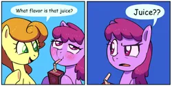 Size: 1060x530 | Tagged: safe, artist:talimingi, derpibooru import, berry punch, berryshine, carrot top, golden harvest, earth pony, pony, g4, 2 panel comic, blush lines, blushing, comic, dialogue, drink, drinking, duo, duo female, female, image, implied alcohol, jpeg, juice, juice box, speech bubble