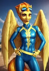 Size: 848x1224 | Tagged: safe, machine learning generated, prompter:brazencaballo00091, stable diffusion, spitfire, anthro, g4, athletic, breasts, clothes, confident, female, goggles, goggles on head, hand on hip, image, large wings, outdoors, png, sky, solo, solo female, uniform, wings, wonderbolts uniform