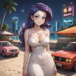 Size: 1536x1536 | Tagged: safe, generator:prefect pony v5 xl, machine learning generated, prompter:funnyglow144, stable diffusion, neon lights, rarity, rising star, human, equestria girls, g4, 1984, 80s, automatically imported, beach, big breasts, breasts, cleavage, clothes, cocktail, cute, dress, female, hat, hawaiian shirt, image, looking at you, miami, miami beach, night, outdoors, palm tree, png, shirt, shorts, smiling, solo, solo female, standing, tree, white dress